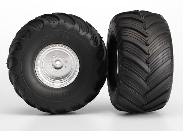 3665  Tires & wheels, assembled, glued (satin chrome wheels, Terra Groove dual profile tires, foam inserts) (nitro rear/ electric front) (2)