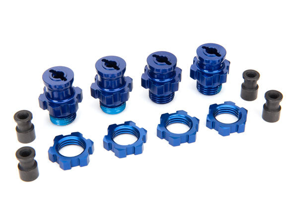5853X Moyeux de roue, cannelés, 17 mm, courts (2), longs (2)/écrous de roue, cannelés, 17 mm (4) (anodisés bleu)/ retenue de moyeu M4x0,7 (4)/axe d'essieu (4)/clé, 5mm