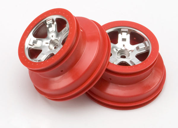 5874A Wheels, SCT satin chrome, red beadlock style, dual profile (2.2" outer, 3.0" inner) (2WD front) (2)