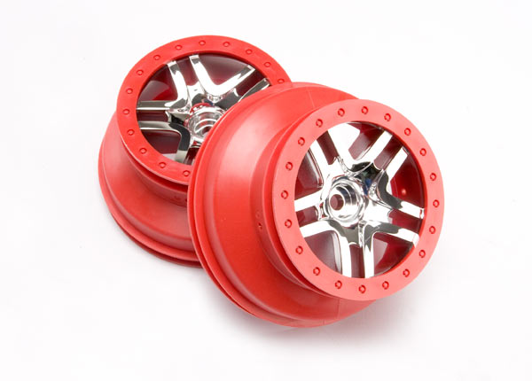 5876A Wheels, SCT Split-Spoke, chrome, red beadlock style, dual profile (2.2" outer, 3.0" inner) (2WD front) (2)