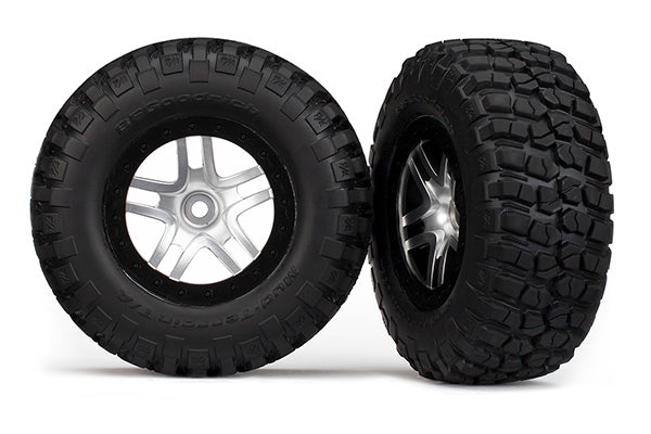 5877 Tires & wheels, assembled, glued (SCT Split-Spoke, satin chrome, black beadlock wheels, BFGoodrich® Mud-Terrain™ T/A® KM2 tires, foam inserts) (2) (2WD front)