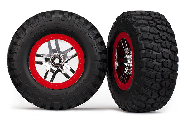 5877R Tires & wheels, assembled, glued (S1 ultra-soft, off-road racing compound) (SCT Split-Spoke chrome, red beadlock style wheels, BFGoodrich® Mud-Terrain™ T/A® KM2 tires) (2) (2WD front)