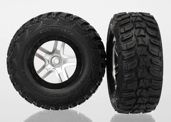 6874  Tires & wheels, assembled, glued (SCT Split-Spoke satin chrome, black beadlock style wheels, Kumho tires, foam inserts) (2) (4WD front/rear, 2WD rear only)