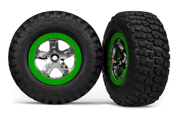 6876 Tires & wheels, assembled, glued (SCT, chrome, green beadlock wheel, BFGoodrich® Mud-Terrain™ T/A® KM2 tire, foam inserts) (2) (4WD front/rear, 2WD rear only)