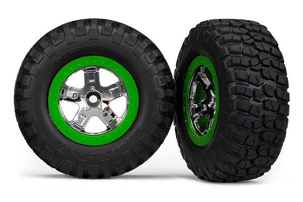 6876 Llantas y ruedas, ensambladas, pegadas (SCT, cromadas, rueda beadlock verde, llanta BFGoodrich® Mud-Terrain™ T/A® KM2, inserciones de espuma) (2) (4WD delantera/trasera, 2WD trasera solamente) 