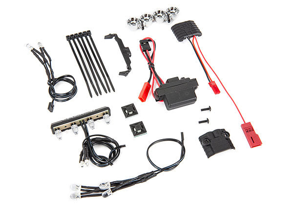 7285A LED light kit, 1/16th Summit (power supply, chrome lightbar, roof light harness (4 clear, 2 red), chassis harness (4 clear, 2 red), wire ties, mounts)