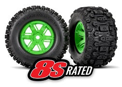 7774G Tires & wheels, assembled, glued (X-Maxx® green wheels, Sledgeha