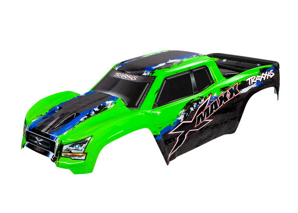 7811G Body, X-Maxx®, green (painted, decals applied) (assembled with front & rear body mounts, rear body support, and tailgate protector)