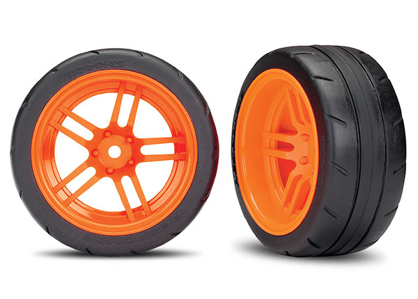8374A Tires and wheels, assembled, glued (split-spoke orange wheels, 1.9" Response tires) (extra wide, rear) (2) (VXL rated)