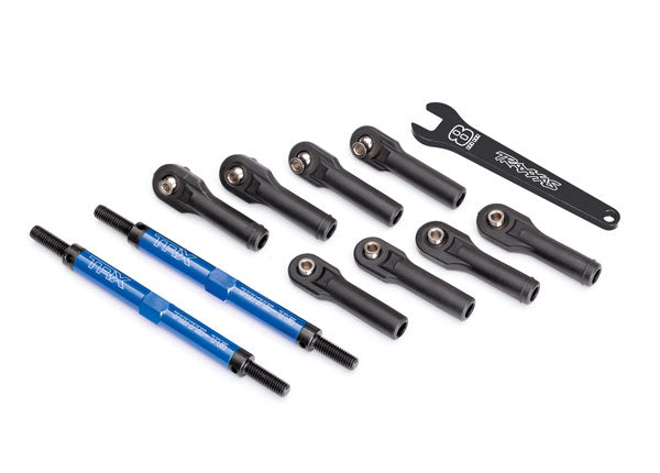 8638X Toe links, E-Revo® VXL (TUBES blue-anodized, 7075-T6 aluminum, stronger than titanium) (144mm) (2)/ rod ends, assembled with steel hollow balls (8)/ aluminum wrench, 10mm (1)