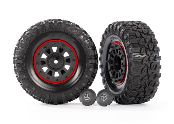 8874 Tires and wheels, assembled, glued (2.2" black Mercedes-Benz® G 63® wheels, Canyon RT 4.6x2.2" tires) (2)/ center caps (2)/ beadlock rings (2) (requires #8255A extended stub axle)