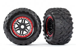 8972R Tires & wheels, assembled, glued (black, red beadlock style wheels, Maxx® MT tires, foam inserts) (2) (17mm splined) (TSM® rated)