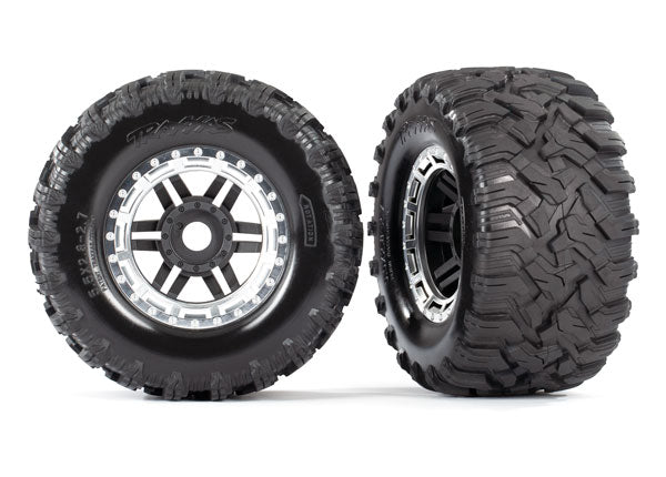 8972X Tires & wheels, assembled, glued (black, satin chrome beadlock style wheels, Maxx® MT tires, foam inserts) (2) (17mm splined) (TSM® rated)