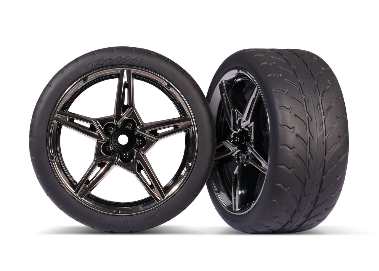 9371 Tires and wheels, assembled, glued (split-spoke black chrome wheels, 2.1" Response tires) (extra wide, rear) (2)