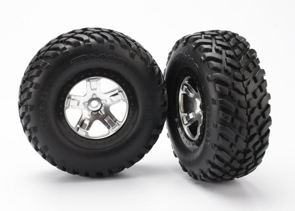 5873X Tires & wheels, assembled, glued (SCT satin chrome, black beadlock style wheels, SCT off-road racing tires, foam inserts) (2) (4WD front/rear, 2WD rear only)