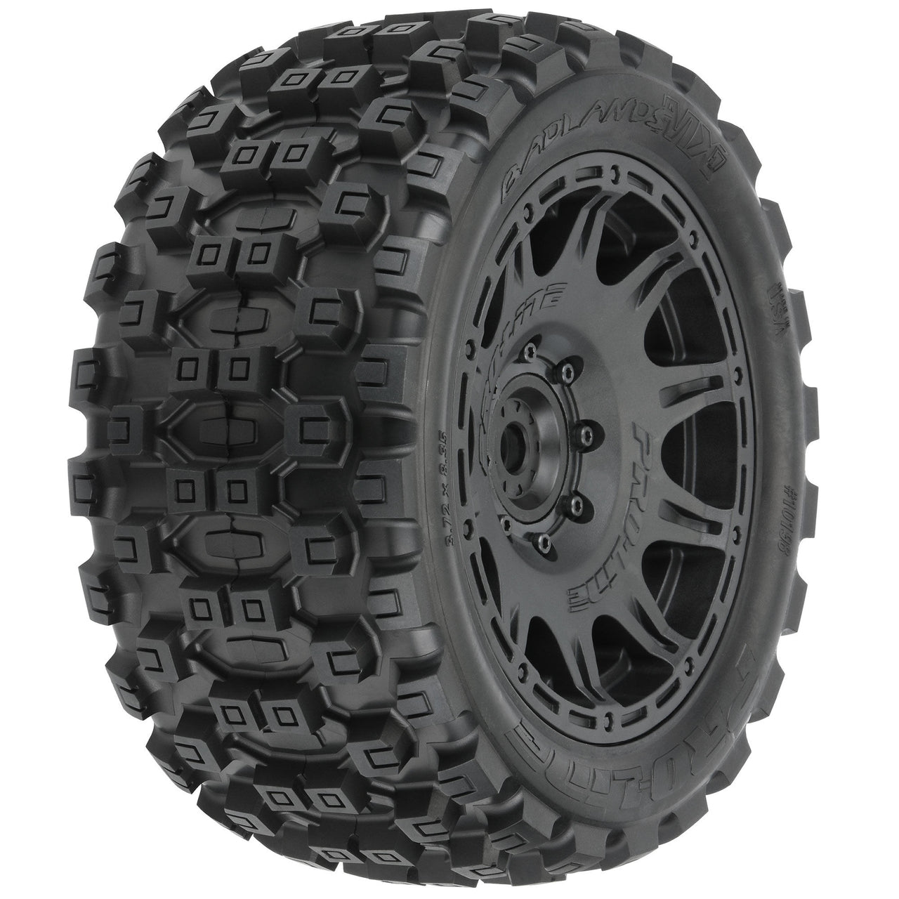 PRO1019811 Neumáticos 1/6 Badlands MX57 delanteros/traseros de 5,7” montados en ruedas hexagonales extraíbles Raid 8x48 de 24 mm (2): negro 