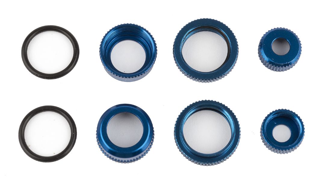 21556 Tapas y collarines de amortiguador Team Associated FT de 10 mm, aluminio azul