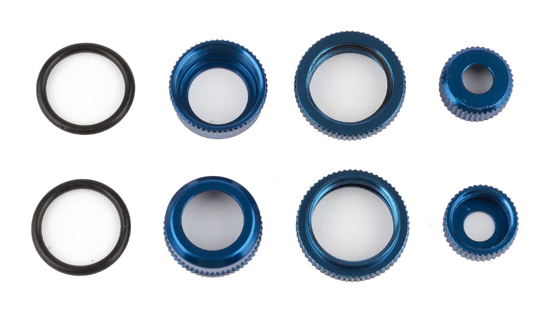 21556 Team Associated FT 10 mm Shock Caps and Collars, blue aluminum