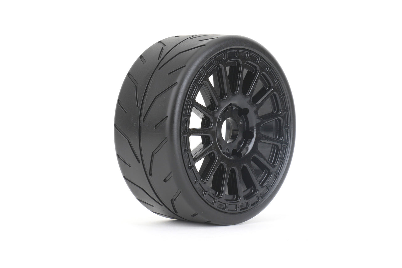 JKO1104RBMSGB 1/8 GT Black Phoenix Racing Tires Mounted on Black Radial Rims, Medium Soft, Belted