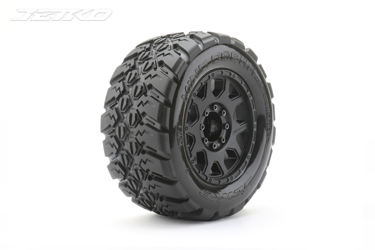 JKO1802CBMSGBB1 Neumáticos King Cobra 1/8 MT 3.8 montados sobre llantas con garras negras, medio blandos, con cinturón, desplazamiento de 17 mm 0" (2)