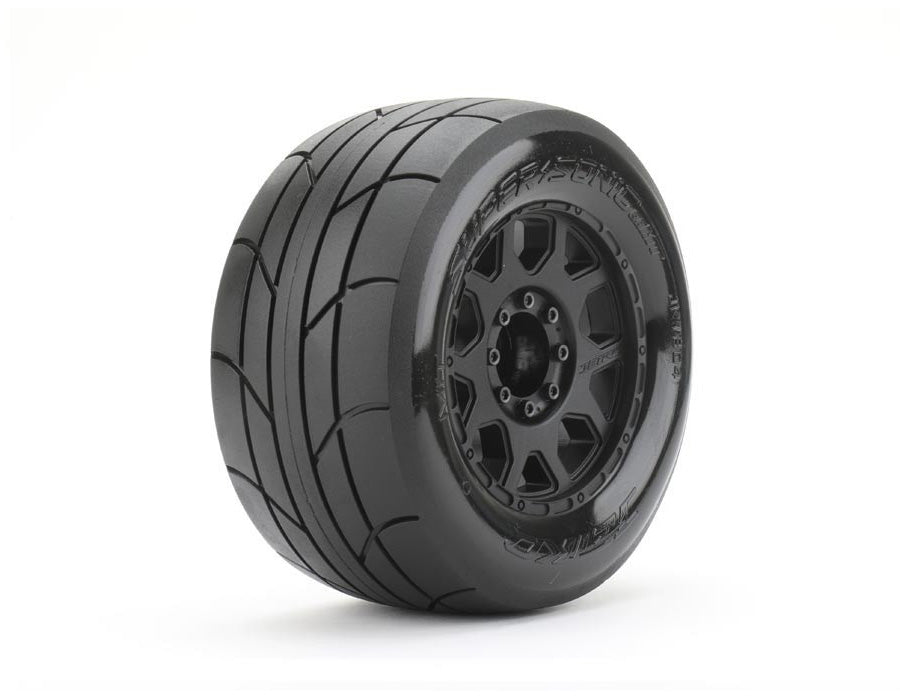 JKO1804CBMSGBB1 Neumáticos 1/8 MT 3.8 Super Sonic montados en llantas de garra negras, medio suaves, con cinturón, desplazamiento de 17 mm 0" (2