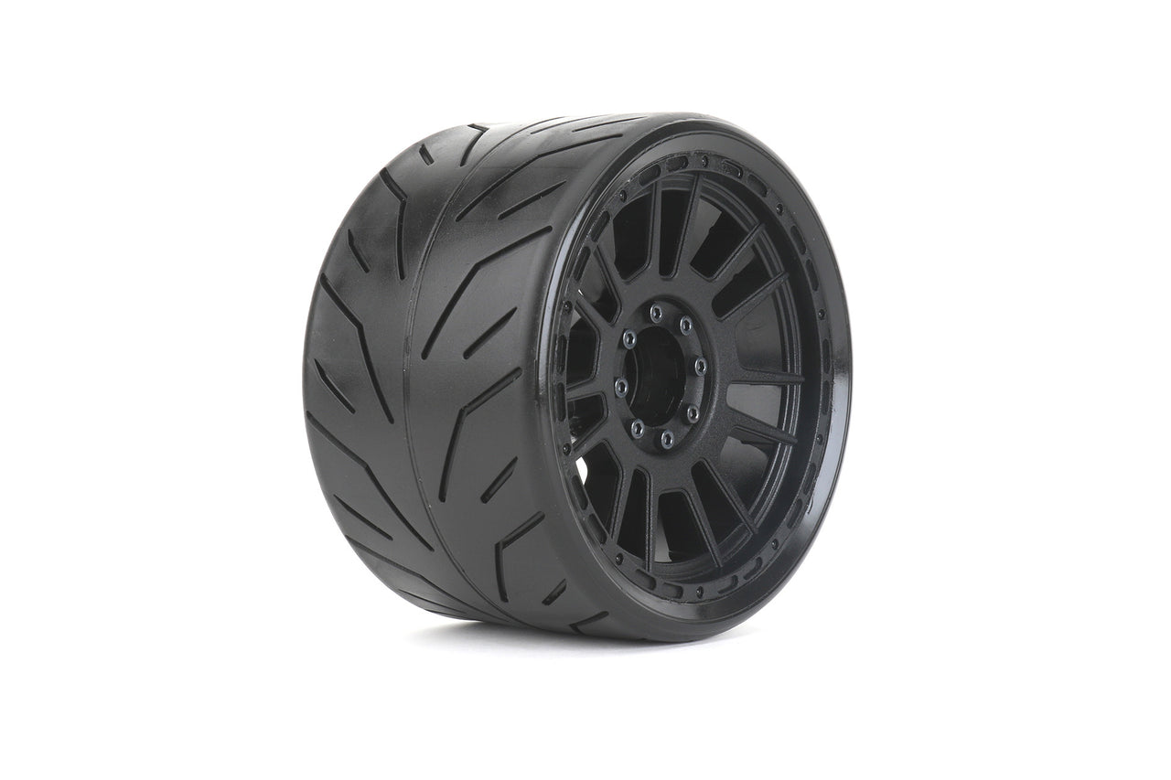 JKO1901CBMSGBB1 Neumáticos Phoenix negros 1/8 SMT 4.0 montados sobre llantas con garras negras, medio blandos, con cinturón, desplazamiento de 17 mm y 0"