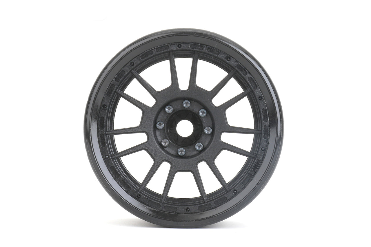 JKO1901CBMSGBB1 Neumáticos Phoenix negros 1/8 SMT 4.0 montados sobre llantas con garras negras, medio blandos, con cinturón, desplazamiento de 17 mm y 0"