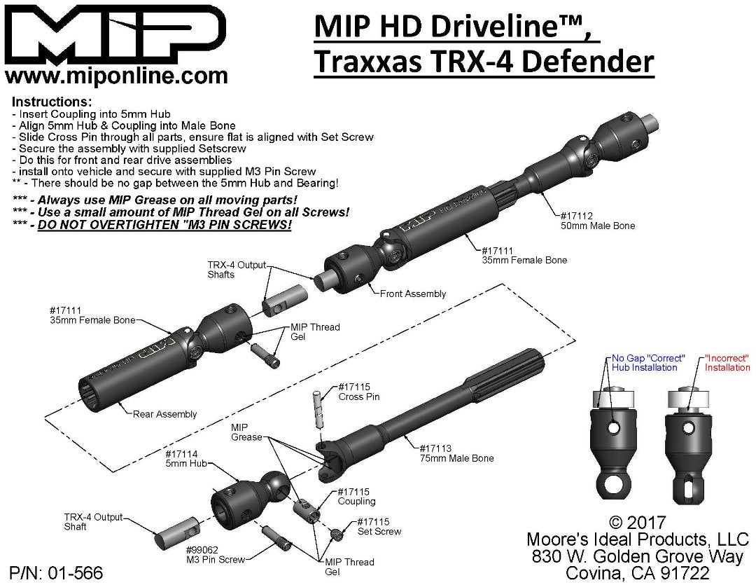 17110 - Kit MIP HD Center Driveline™, Traxxas TRX4 Defender / Tactique