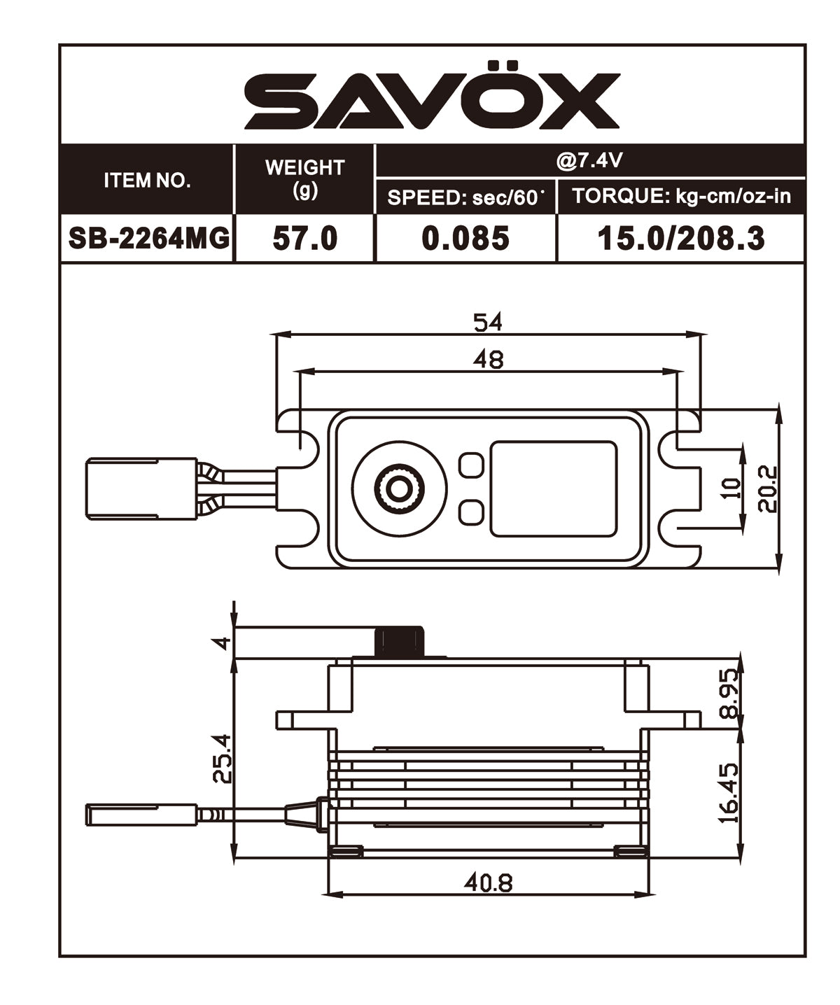SAVSB2264MG Servo sin escobillas de alto voltaje y perfil bajo 0,085 s/208,3 oz a 7,4 V
