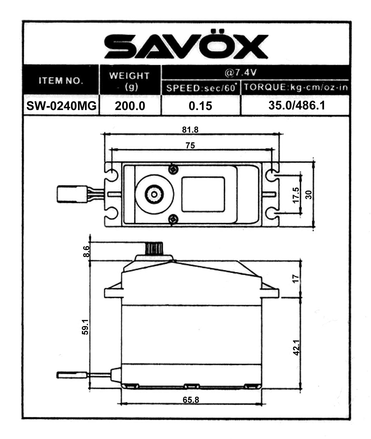 SAVSW0240MG Servo numérique haute tension étanche à l'échelle 1/5 0,15 s / 486 oz à 7,4 V