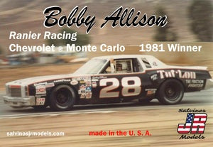 SJMBAMC1981R 1/25 Bobby Allison #28 Ranier Racing Chevy Monte Carlo 1981 Ganador Kit de coche modelo de plástico