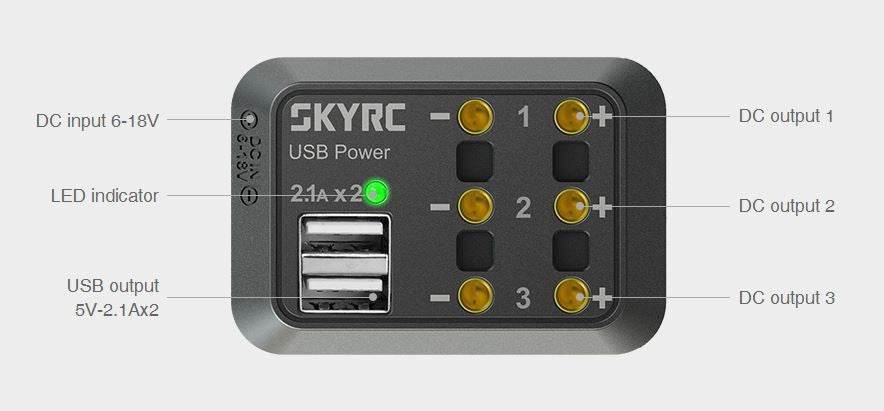 SK-600114-01 Distribuidor de energía CC SkyRC - Conector de entrada CC con conector tipo banana 