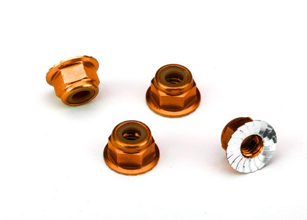 1747T Traxxas 4mm Aluminum Flanged Serrated Nuts (Orange) (4)
