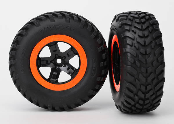 5863 Tires & wheels, assembled, glued (SCT black, orange beadlock wheels, dual profile (2.2" outer, 3.0" inner), SCT off-road racing tire, foam inserts) (2) (4WD f/r, 2WD rear) (TSM rated)