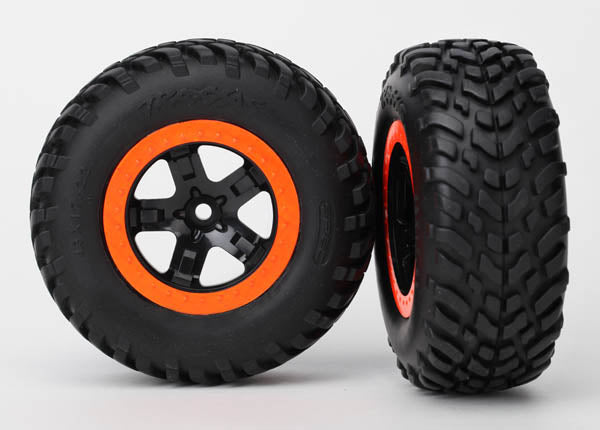 5863R Pneus et roues, assemblés, collés (composé S1) (SCT, noirs, roues beadlock orange, double profil (extérieur 2,2", intérieur 3,0"), pneus de course tout-terrain SCT, inserts en mousse) (2) (4WD f/ r, 2RM arrière) (classé TSM) 