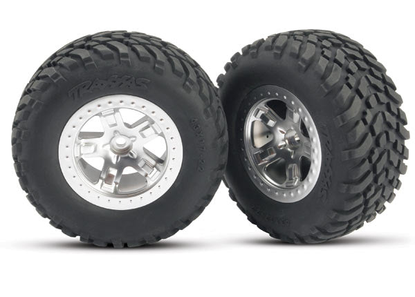 5873 Tires & wheels, assembled, glued (SCT satin chrome, beadlock style wheels, SCT off-road racing tires, foam inserts) (2) (4WD front/rear, 2WD rear only) (TSM rated)
