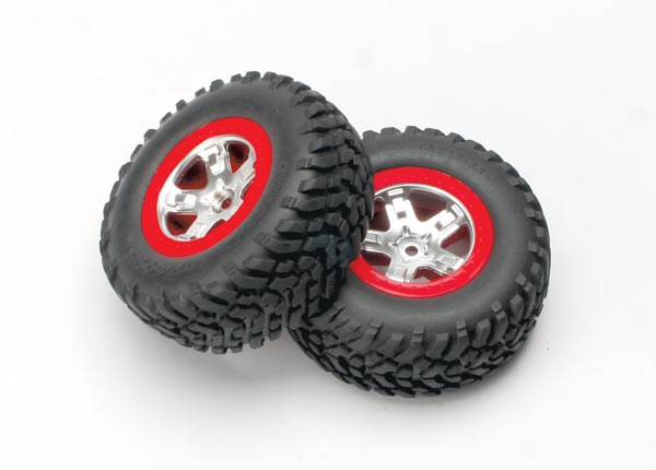 5873A Tires & wheels, assembled, glued (SCT satin chrome, red-beadlock style wheels, SCT off-road tires, foam inserts) (2) (4WD front/rear, 2WD rear only)