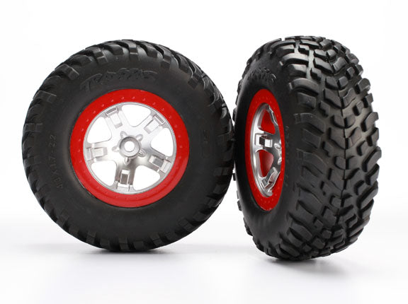 5873R Tires & wheels, assembled, glued (SCT satin chrome red beadlock wheels, ultra-soft S1 compound off-road racing tires, inserts) (2) (2WD rear, 4WD f/r)