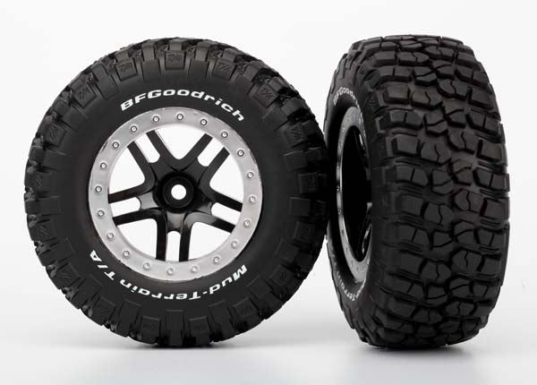 5883 Tires & wheels, assembled, glued (SCT Split-Spoke, black, satin chrome beadlock wheels, BFGoodrich® Mud-Terrain™ T/A® KM2 tire, foam inserts) (2) (4WD f/r, 2WD rear)