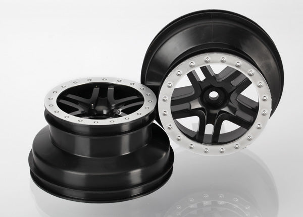 5884 Wheels, SCT Split-Spoke, black, satin chrome beadlock style, dual profile (2.2" outer, 3.0" inner) (4WD f/r, 2WD rear) (2)