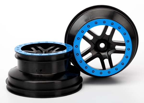 5884A Wheels, SCT Split-Spoke, black, blue beadlock style, dual profile (2.2" outer, 3.0" inner) (4WD f/r, 2WD rear) (2)