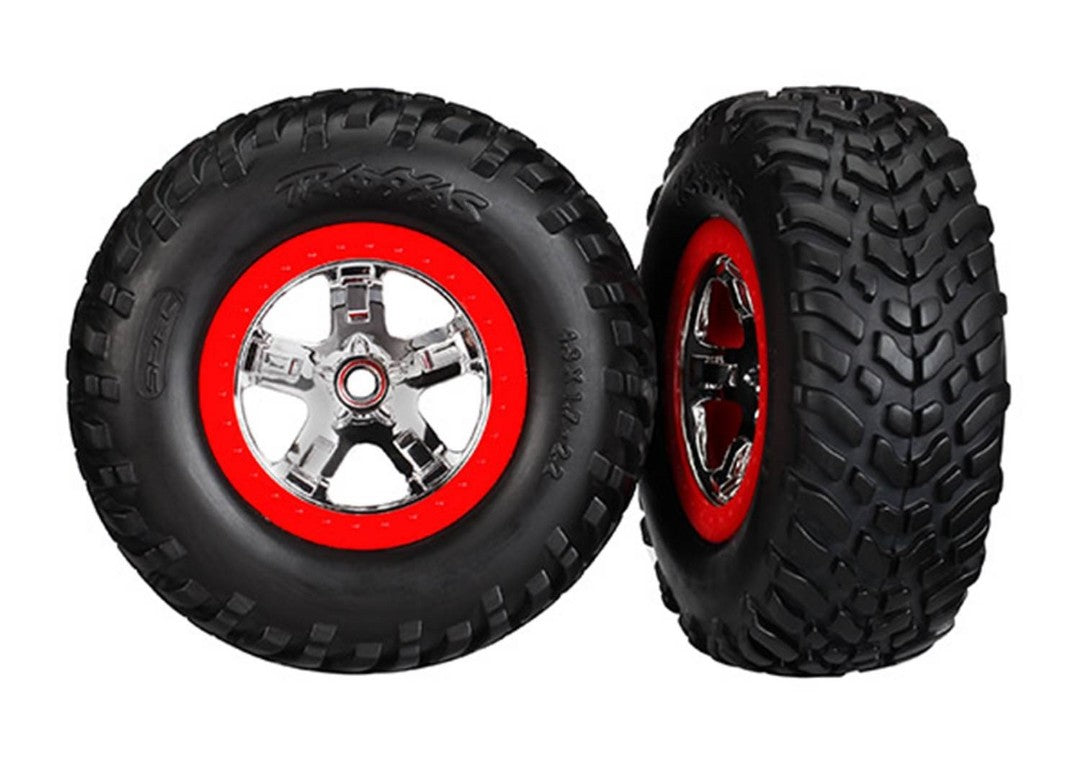 5887 Tires & wheels, assembled, glued (SCT chrome wheels, red beadlock style, dual profile (2.2" outer, 3.0" inner), SCT off-road racing tires, foam inserts) (2) (4WD f/r, 2WD rear) (TSM rated)