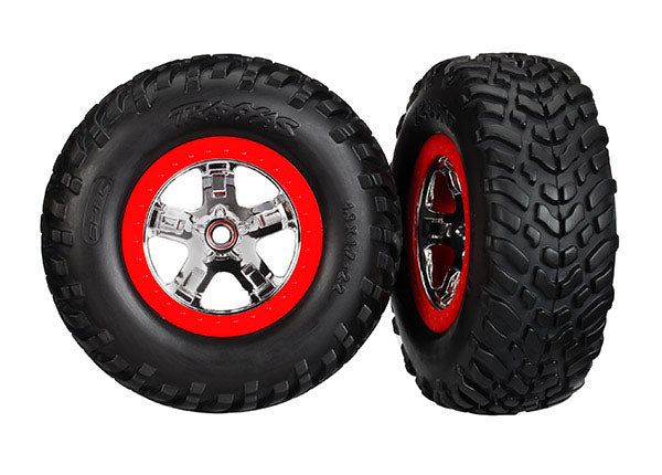 5887R Tires & wheels, assembled, glued (S1 compound) (SCT chrome wheels, red beadlock style, dual profile (2.2" outer, 3.0" inner), SCT off-road racing tires, foam inserts) (2) (4WD f/r, 2WD rear) (TSM rated)