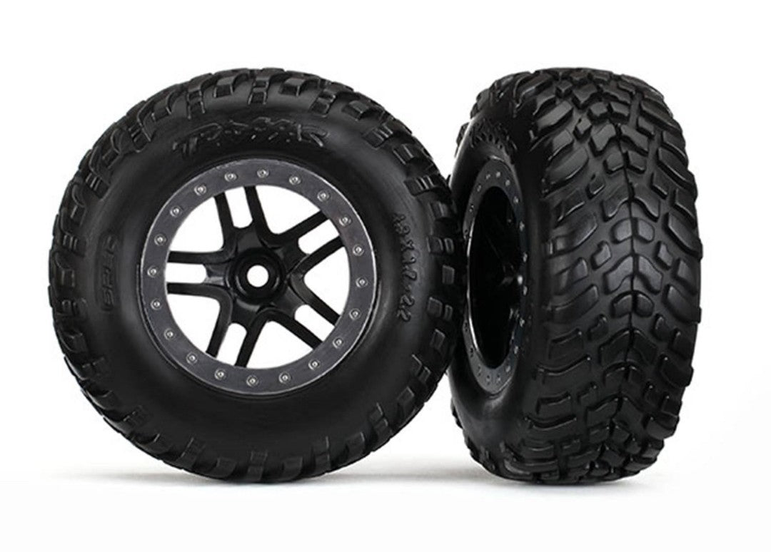 5889 Tires & wheels, assembled, glued (SCT Split-Spoke black, satin chrome beadlock style wheel, dual profile (2.2" outer, 3.0" inner), SCT off-road racing tires, foam inserts) (2) (4WD f/r, 2WD rear) (TSM rated)