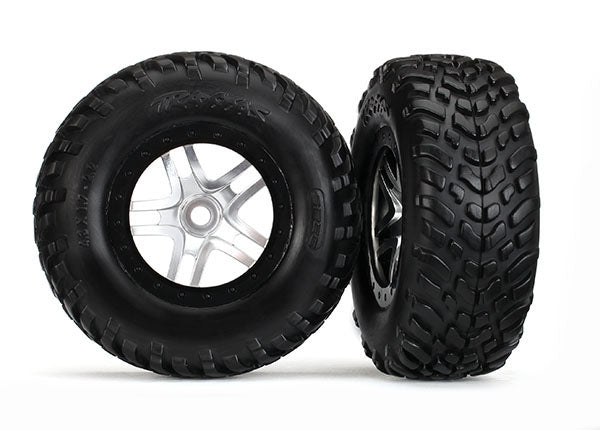 5889R Tires & wheels, assembled, glued (S1 compound) (SCT Split-Spoke black, satin chrome beadlock style wheel, dual profile (2.2" outer, 3.0" inner), SCT off-road racing tires, foam inserts) (2) (4WD f/r, 2WD rear) (TSM rated)