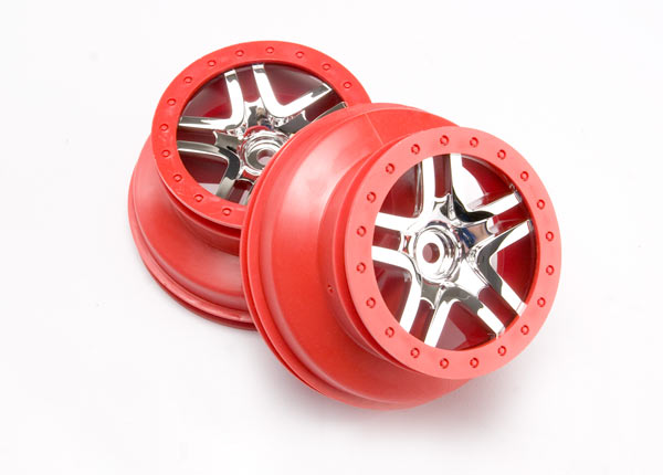 6872A Wheels, SCT Split-Spoke, chrome, red beadlock style, dual profile (2.2" outer, 3.0" inner) (4WD front/rear, 2WD rear) (2)