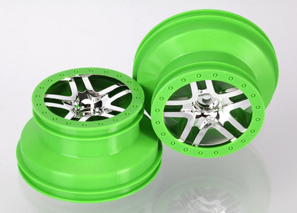 6872X Wheels, SCT Split-Spoke, chrome, green beadlock style, dual profile (2.2" outer, 3.0" inner) (4WD front/rear, 2WD rear) (2)