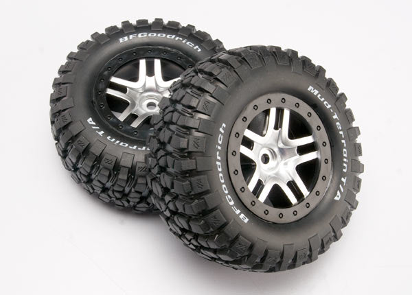 6873 Tires & wheels, assembled, glued (SCT Split-Spoke satin chrome, black beadlock style wheels, BFGoodrich® Mud-Terrain™ T/A® KM2 tires, foam inserts) (2) (4WD f/r, 2WD rear) (TSM rated)