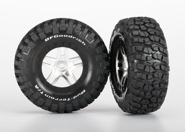 6873X Tires & wheels, assembled, glued (S1 ultra-soft off-road racing compound) (SCT Split-Spoke satin chrome, black beadlock style wheels, BFG Mud-Terrain tires, foam inserts) (2) (4WD front/rear, 2WD rear only)