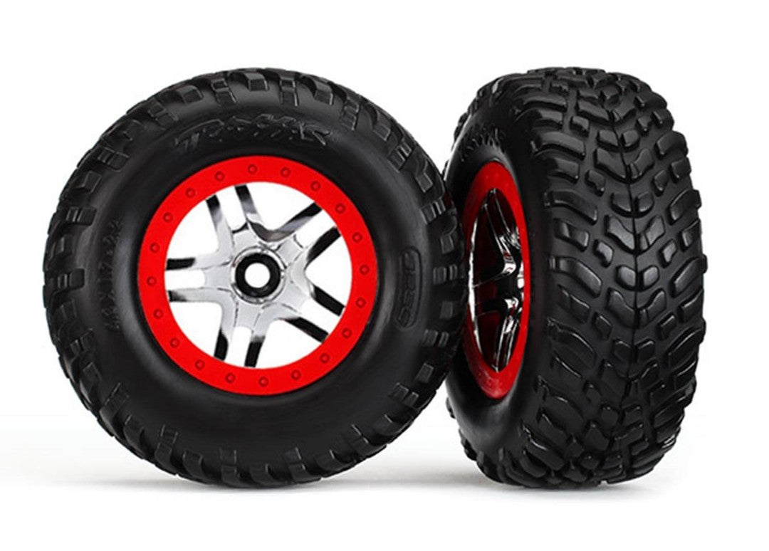 6891 Tires & wheels, assembled, glued (SCT Split-Spoke chrome, red beadlock style wheels, dual profile (2.2" outer, 3.0" inner), SCT off-road racing tires, foam inserts) (2) (4WD f/r, 2WD rear) (TSM rated)